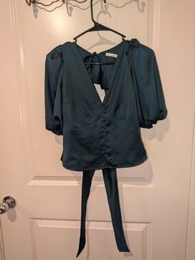 Abercrombie & Fitch Teal Satin Puff-Sleeve V-Neck Blouse Womens